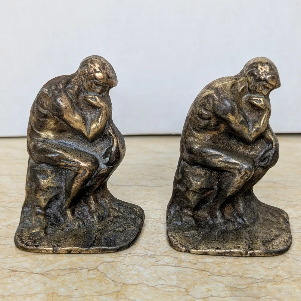 Vintage Brass The Thinker By Rodin Metal Sculpture Bookends Art Deco Old World